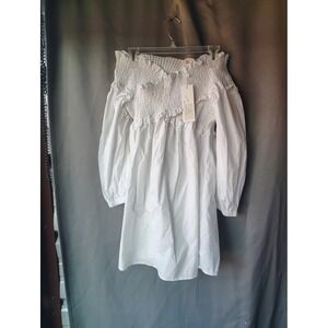 Classy White Smocked Off The Shoulder Ruffle Mini Dress SYH029 Womens Small NWT